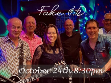 Fake ID six-piece band posed together with October 24th at 8:30pm gig details