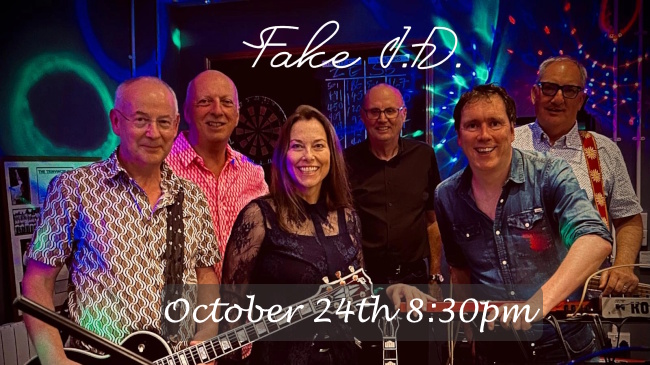 Fake ID six-piece band posed together with October 24th at 8:30pm gig details