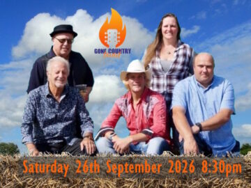Gone Country Party Band on sunny day and straw bales with date of next gig at Club of 26th September 2026