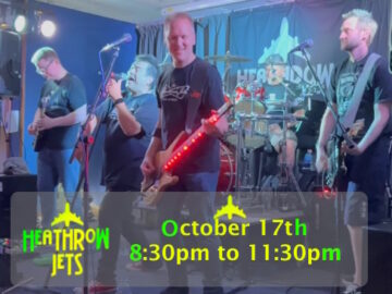 Heathrow Jets five-piece band on stage with October 17th at 8:30pm gig details