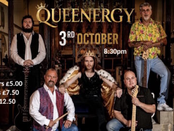 Queen Tribute Band - Queenergy - posing in an ancient hall on poster for 3rd October 2026 gig