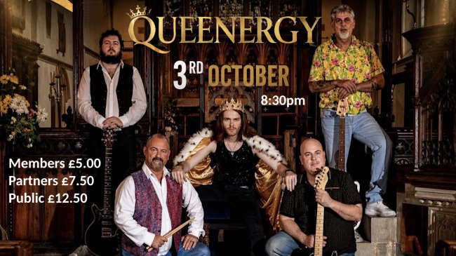 Queen Tribute Band - Queenergy - posing in an ancient hall on poster for 3rd October 2026 gig