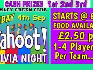 Promo slide for the 4 September Kahoot Trivia quiz with prizes for winners. It's pay to play, £2.50 each, to fund the winner's pot. Starts at 8pm.