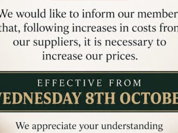 Plain notice that effective 8th October bar prices will increase