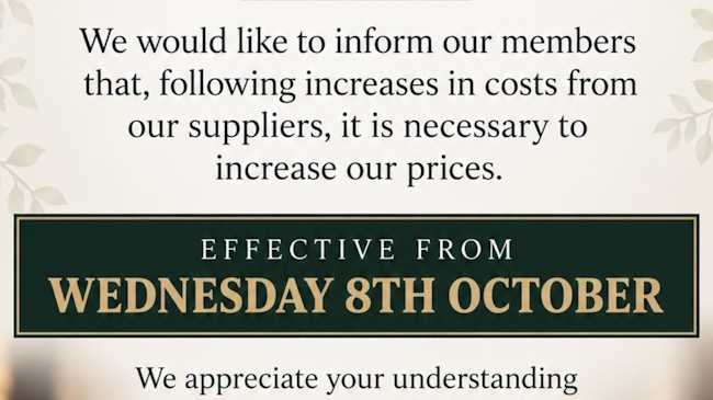Plain notice that effective 8th October bar prices will increase