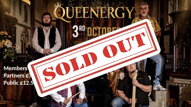 Queen Tribute Band - Queenergy - posing in an ancient hall on poster for 3rd October 2026 gig - with 'Sold Out' across it